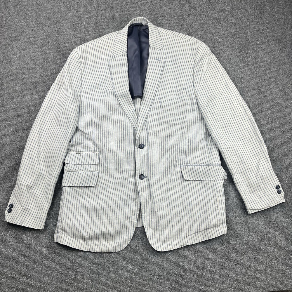 Coconut Grove Men Blue and White Pinstripe Unstructured Blazer 46R 100% Linen